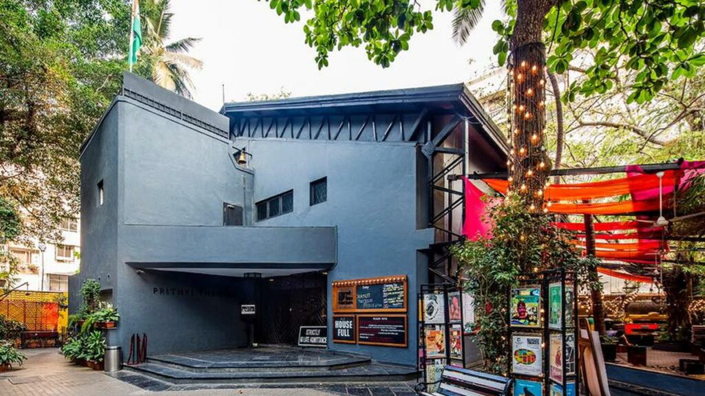 Exterior of the iconic Prithvi Theatre building in Juhu, Mumbai, a landmark cultural hub for performing arts.