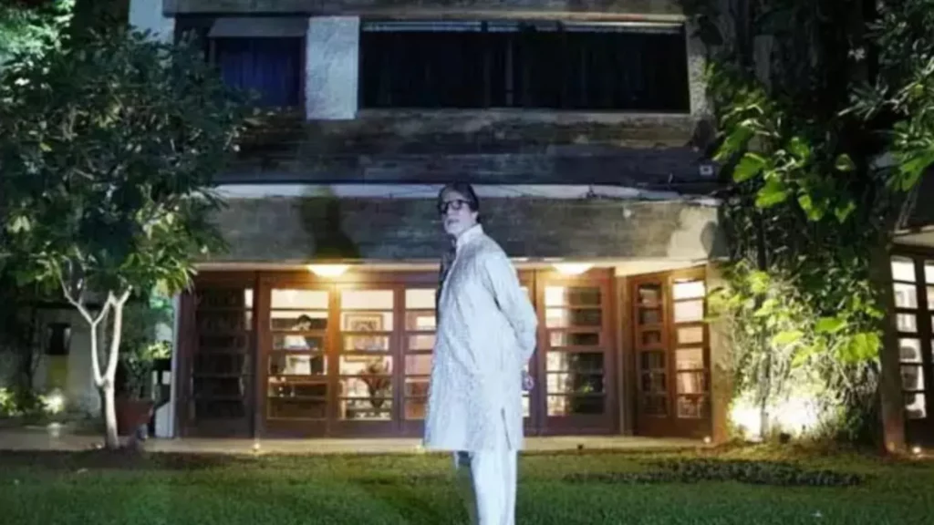Legendary Bollywood actor Amitabh Bachchan standing in front of his iconic residence, Jalsa, in Juhu, Mumbai.