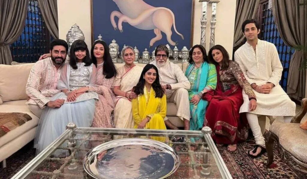 A full family portrait of Amitabh Bachchan, Jaya Bachchan, Abhishek, Aishwarya, and family members inside their residence, Jalsa, in Juhu.
